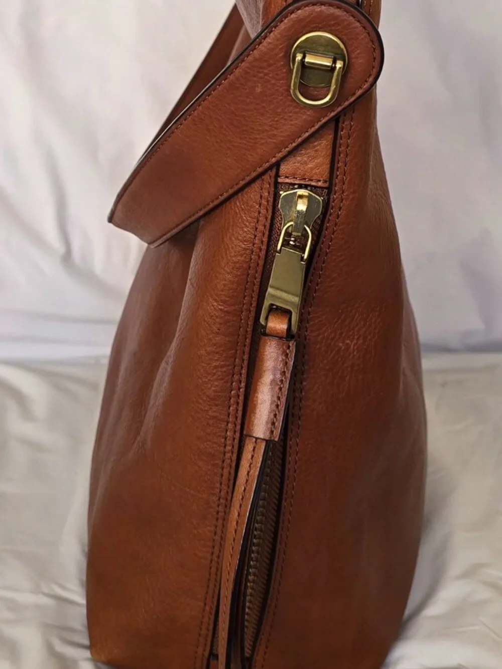 Fossil Maya Small Hobo Bag Cognac Brown Pebbled Leather Shoulder Purse